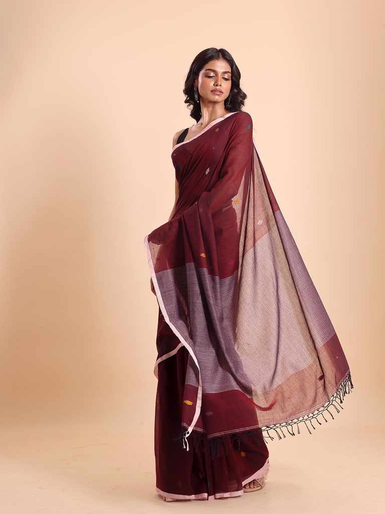 Handloom Stripe Anchal Buti Saree - Maroon