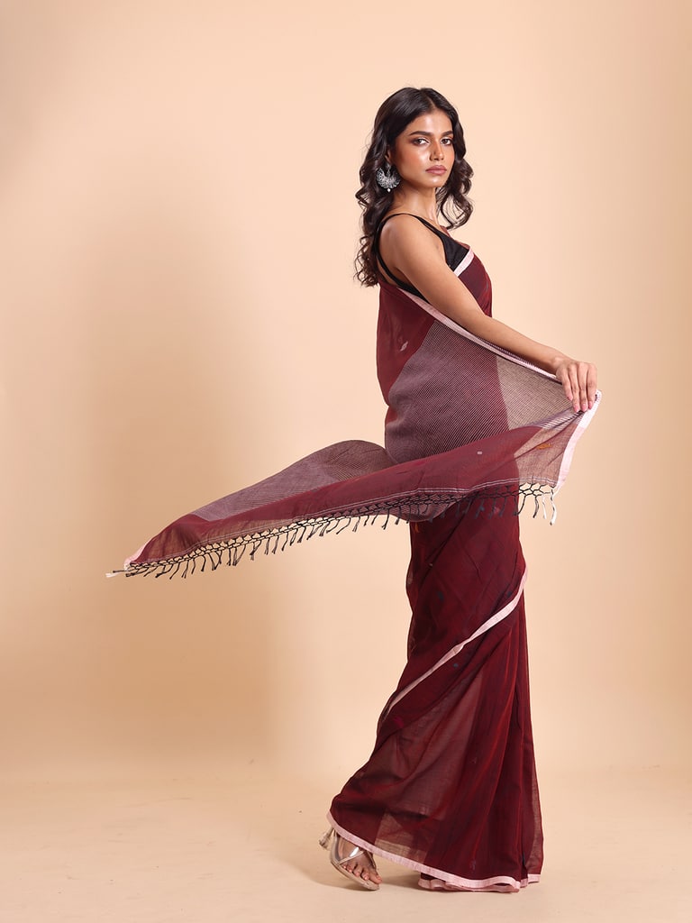 Handloom Stripe Anchal Buti Saree - Maroon