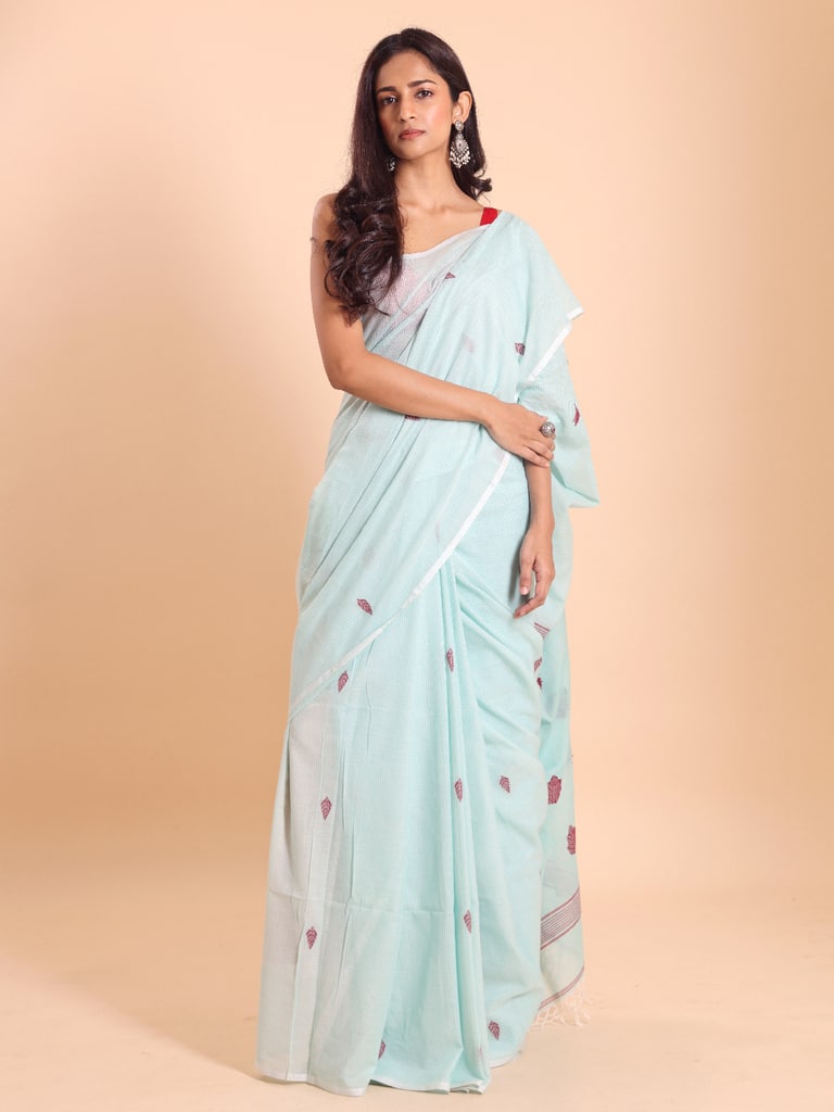 Handloom Cotton Kota Jamdani Saree - Aqua