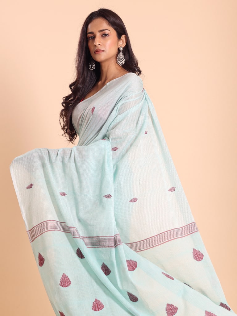 Handloom Cotton Kota Jamdani Saree - Aqua