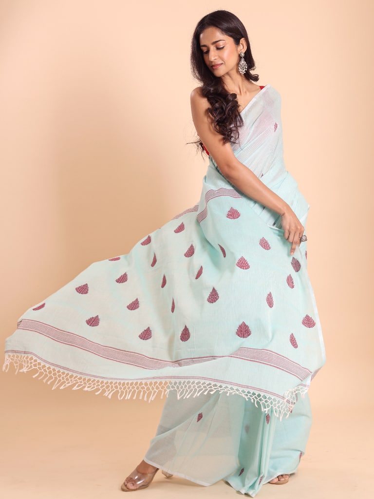 Handloom Cotton Kota Jamdani Saree - Aqua