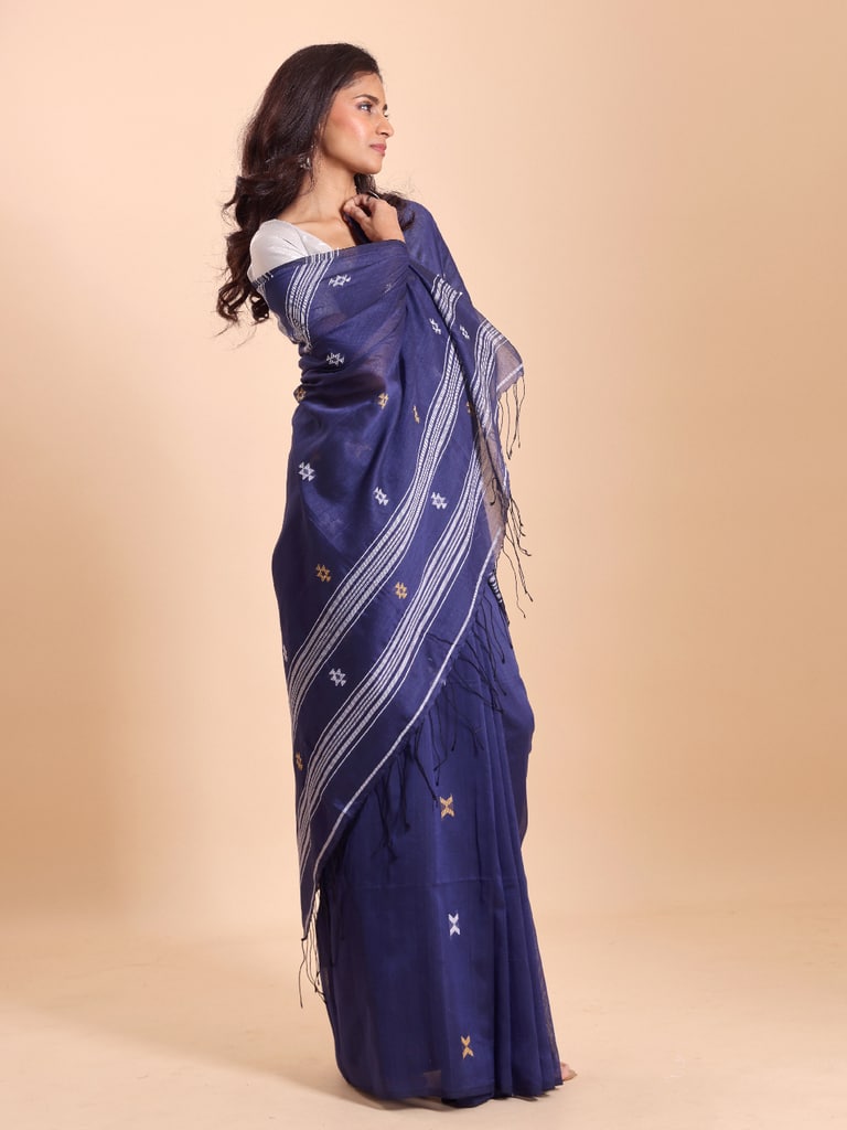 Handloom New Charpati Jamdani Saree - Indigo