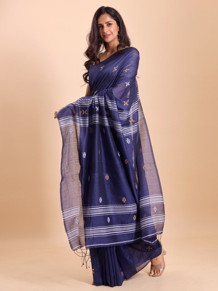 Handloom New Charpati Jamdani Saree - Indigo