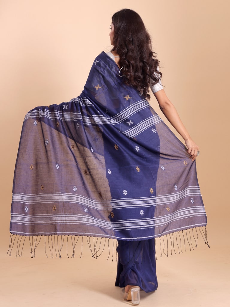 Handloom New Charpati Jamdani Saree - Indigo