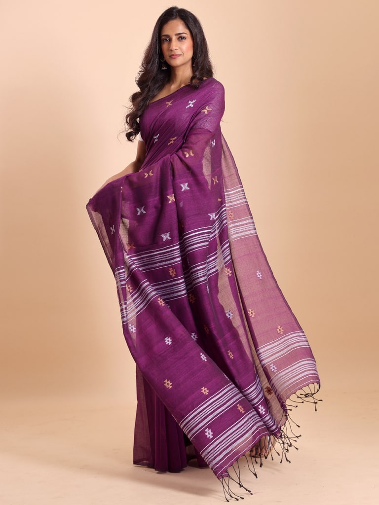 Handloom New Charpati Jamdani Saree - Purple Orcid