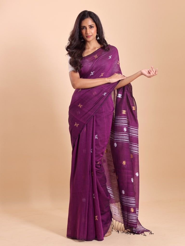 Handloom New Charpati Jamdani Saree - Purple Orcid