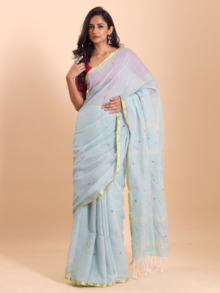 Handloom Mina Buti Jamdani Saree - Aqua