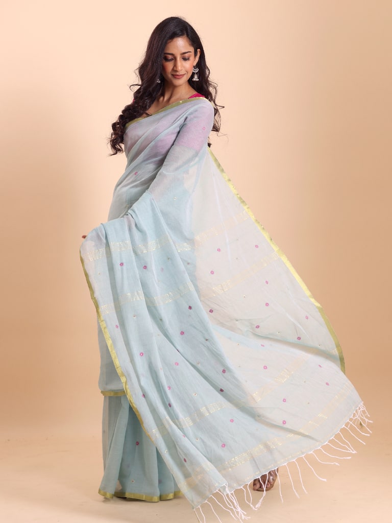 Handloom Mina Buti Jamdani Saree - Aqua