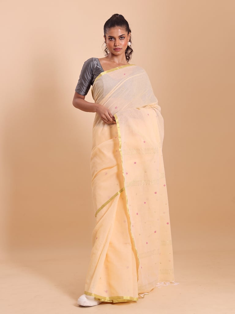 Handloom Mina Buti Jamdani Saree - Butter Yellow