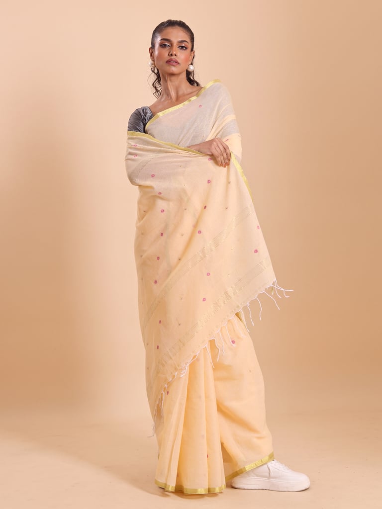 Handloom Mina Buti Jamdani Saree - Butter Yellow