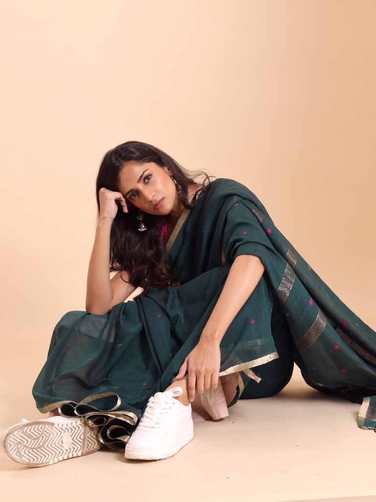 Handloom Mina Buti Jamdani Saree - Colonial Blue