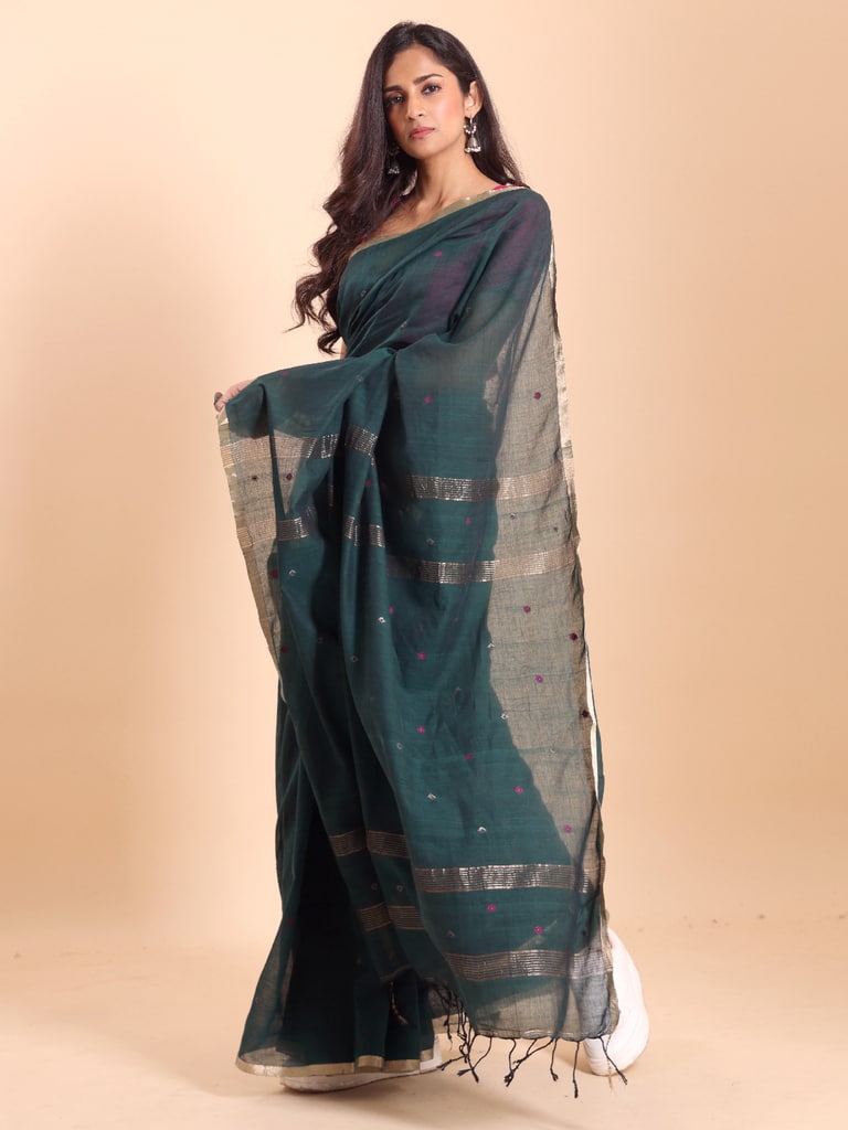 Handloom Mina Buti Jamdani Saree - Colonial Blue