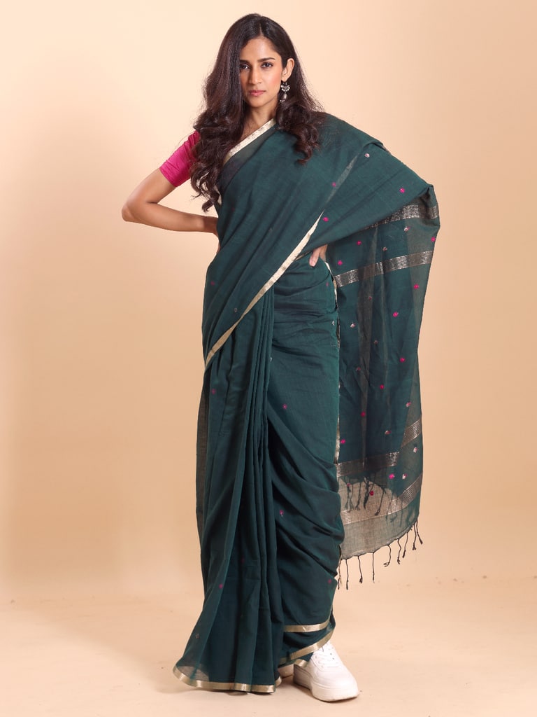 Handloom Mina Buti Jamdani Saree - Colonial Blue