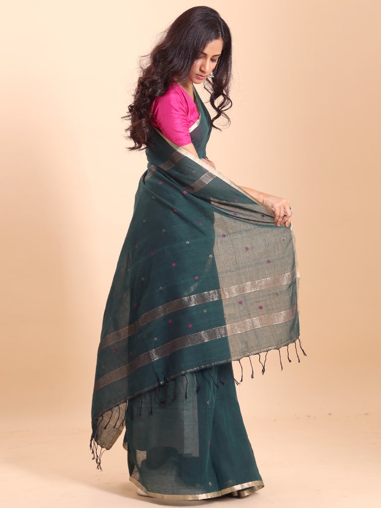 Handloom Mina Buti Jamdani Saree - Colonial Blue