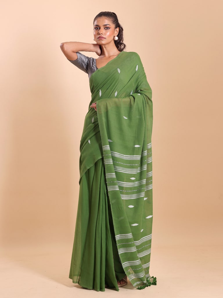 Handloom Malmal Buti Jamdani Saree - Olive