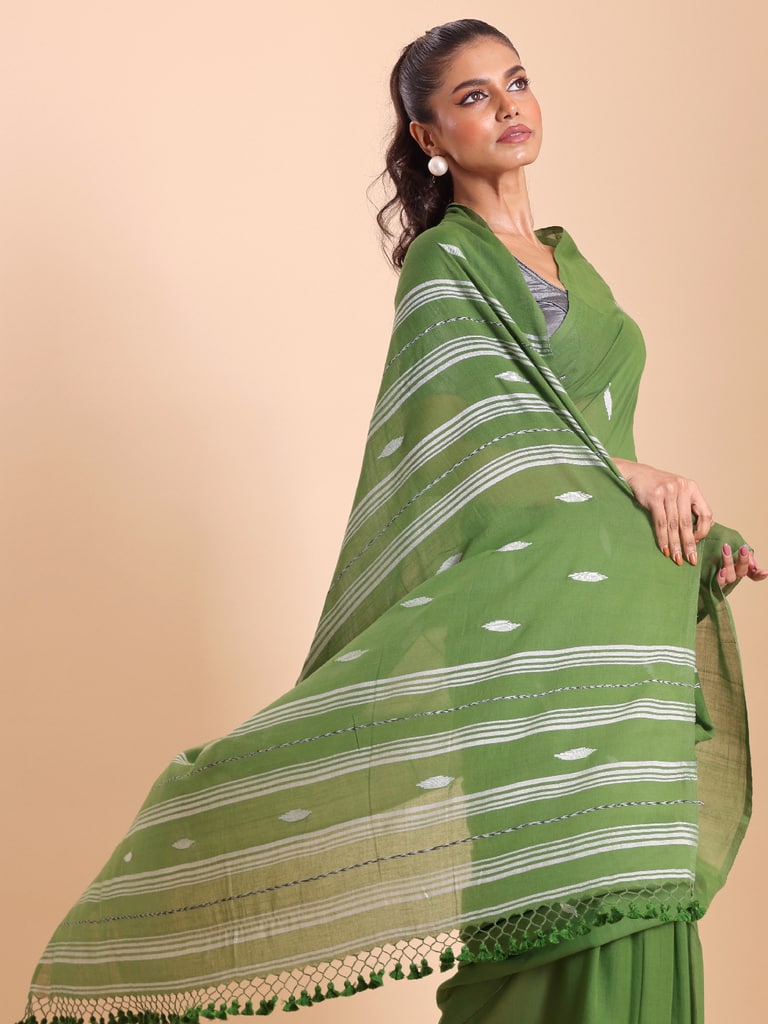 Handloom Malmal Buti Jamdani Saree - Olive