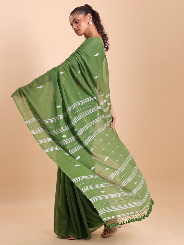 Handloom Malmal Buti Jamdani Saree - Olive