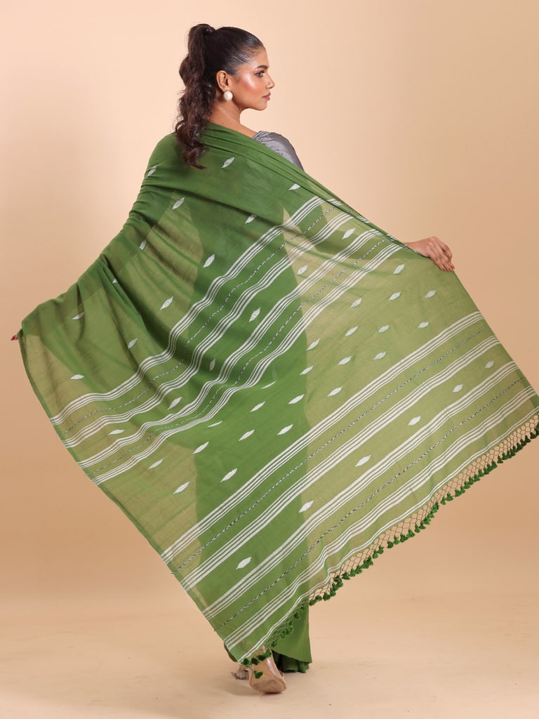 Handloom Malmal Buti Jamdani Saree - Olive