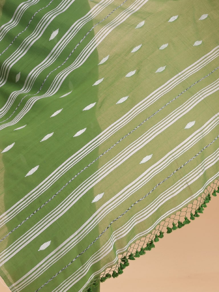 Handloom Malmal Buti Jamdani Saree - Olive