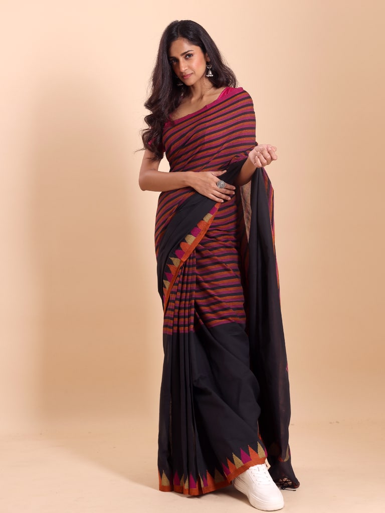 Handloom One Side Temple Jamdani Saree - Black
