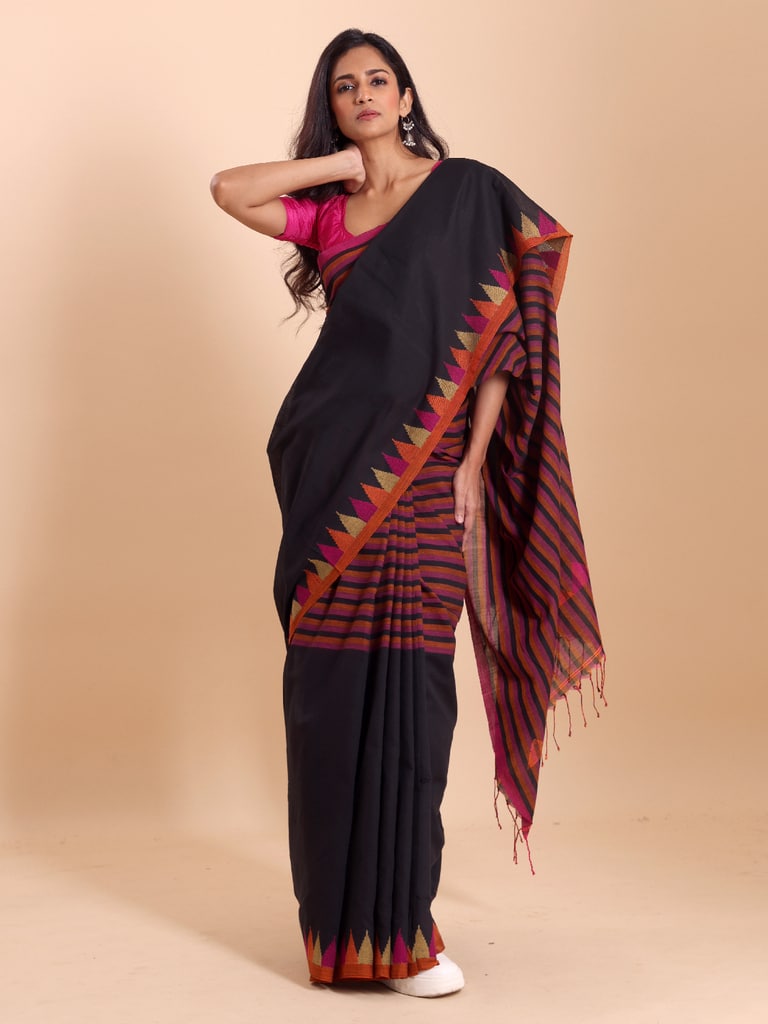 Handloom One Side Temple Jamdani Saree - Black