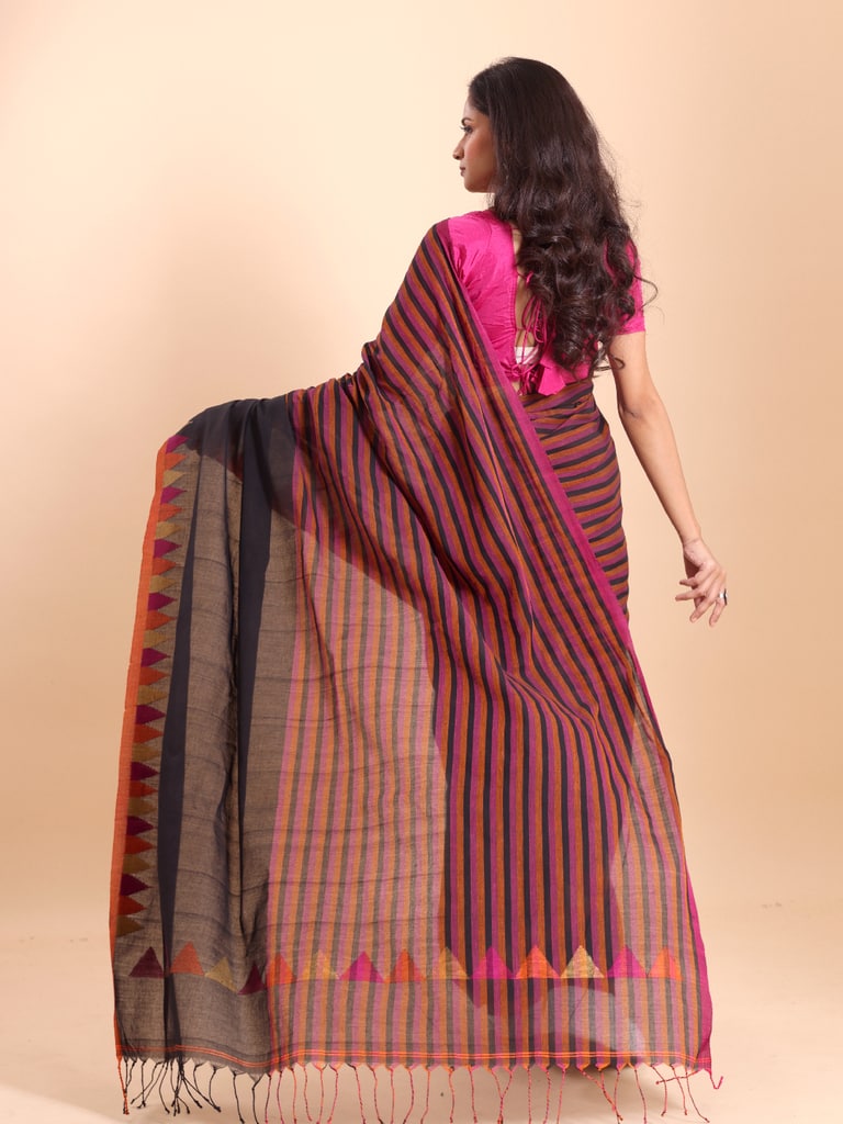 Handloom One Side Temple Jamdani Saree - Black