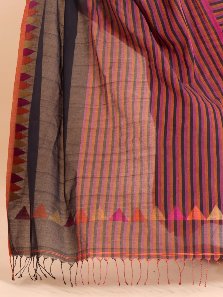 Handloom One Side Temple Jamdani Saree - Black