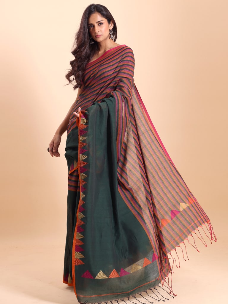 Handloom One Side Temple Jamdani Saree - Bottle Green