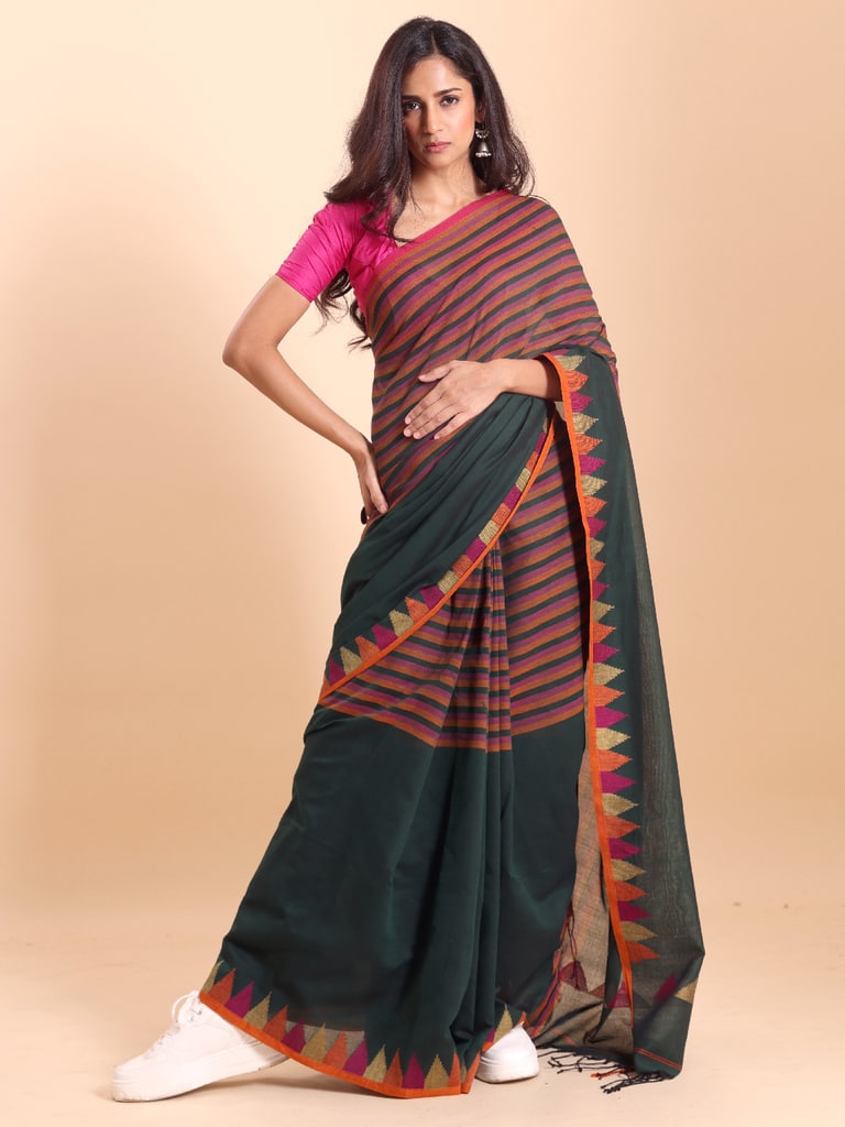 Handloom One Side Temple Jamdani Saree - Bottle Green