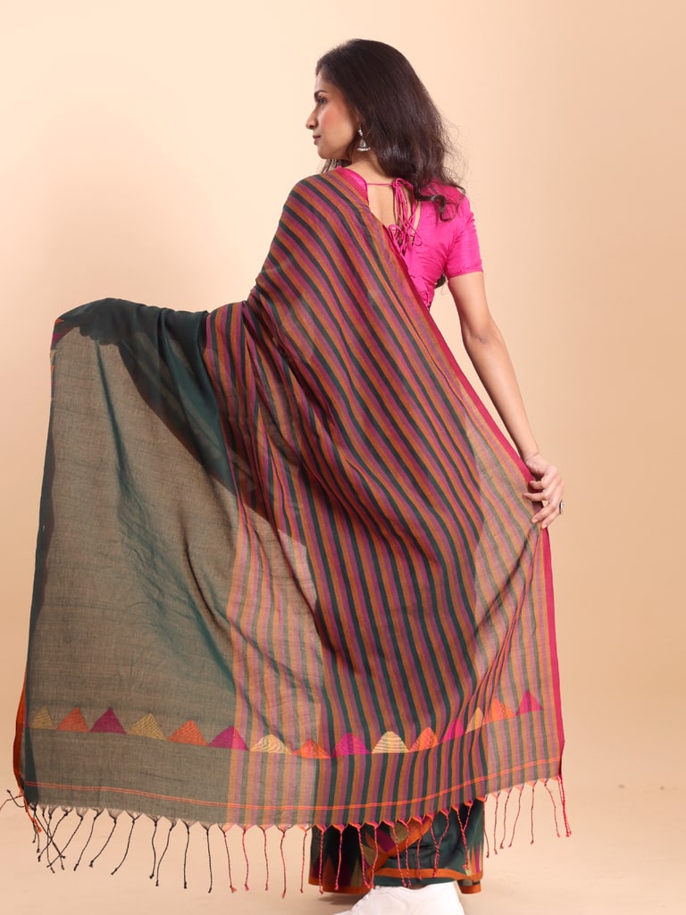 Handloom One Side Temple Jamdani Saree - Bottle Green