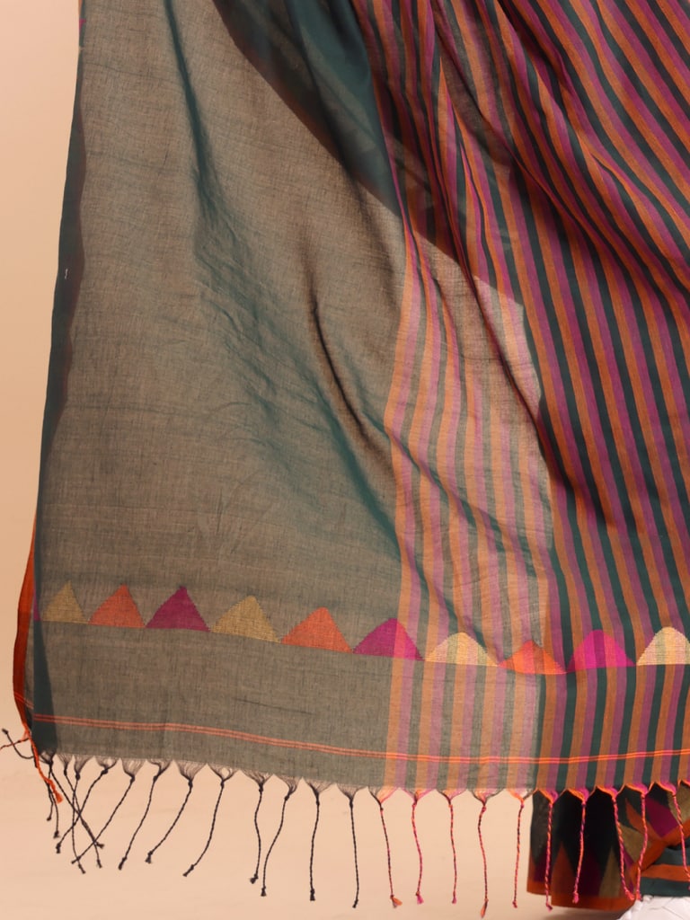 Handloom One Side Temple Jamdani Saree - Bottle Green