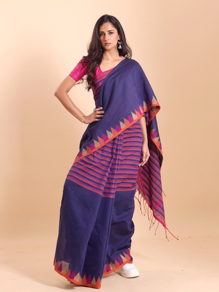 Handloom One Side Temple Jamdani Saree - Petunia