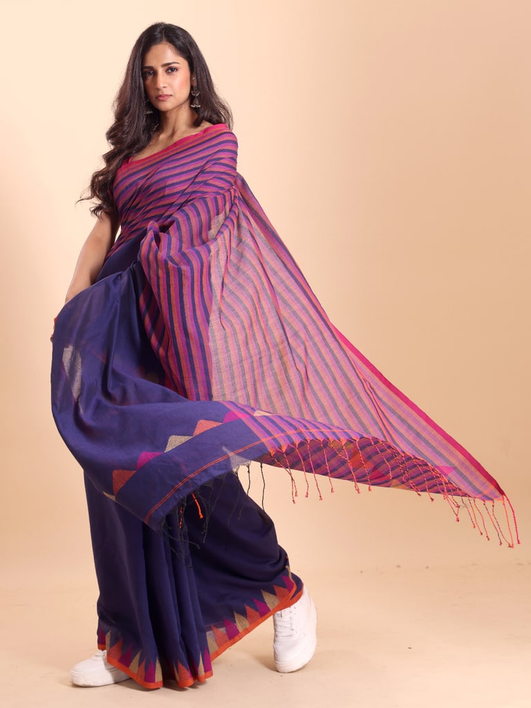 Handloom One Side Temple Jamdani Saree - Petunia