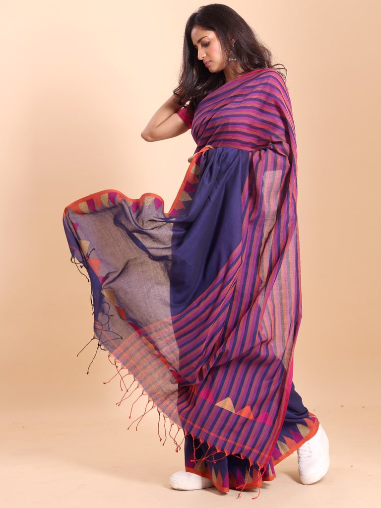 Handloom One Side Temple Jamdani Saree - Petunia