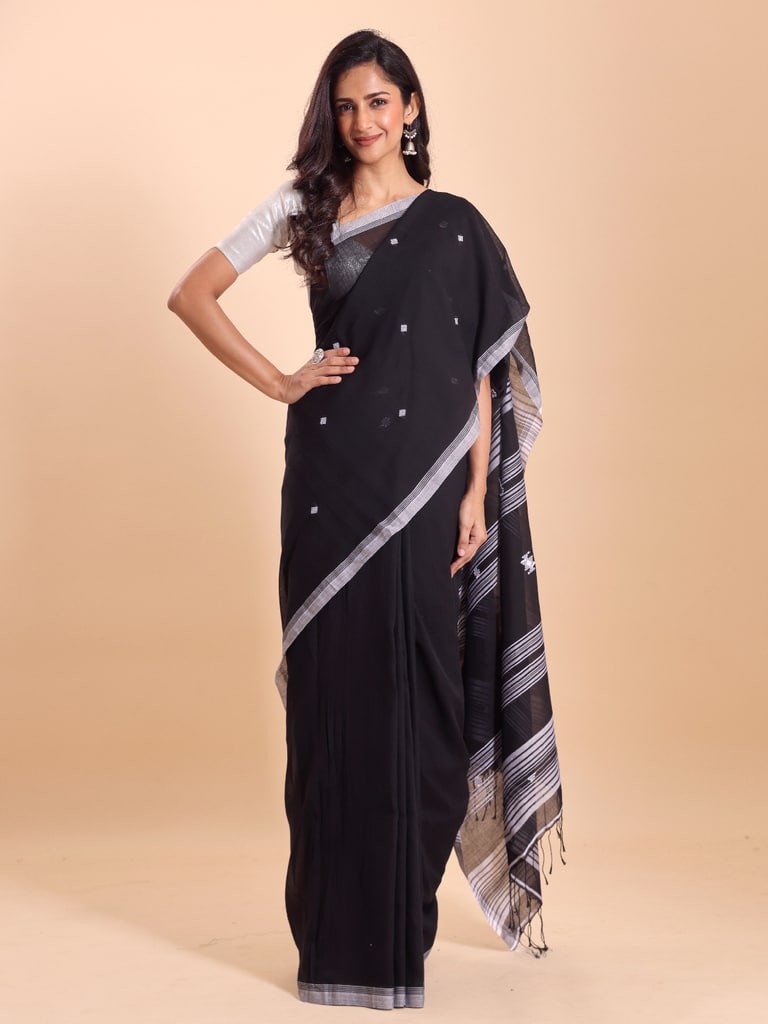 Handloom New Charpati Jamdani Saree - Black