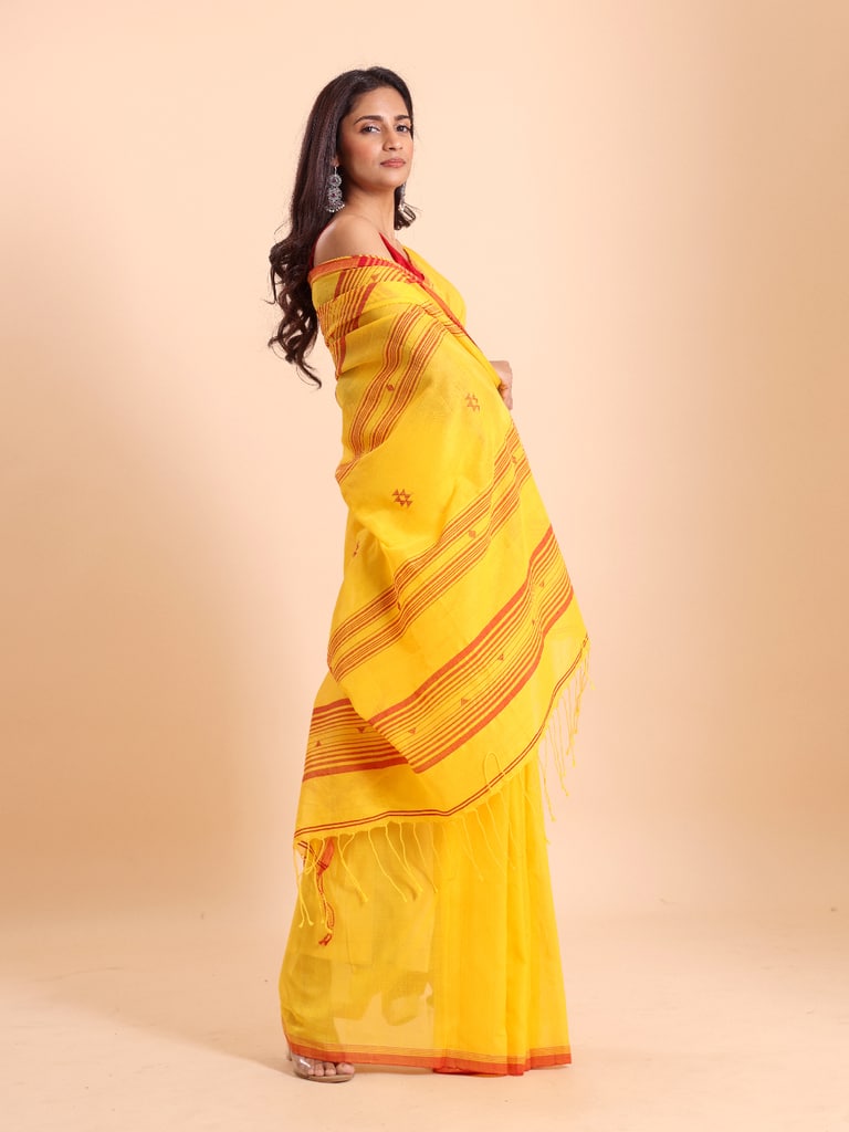 Handloom New Charpati Jamdani Saree - Yellow