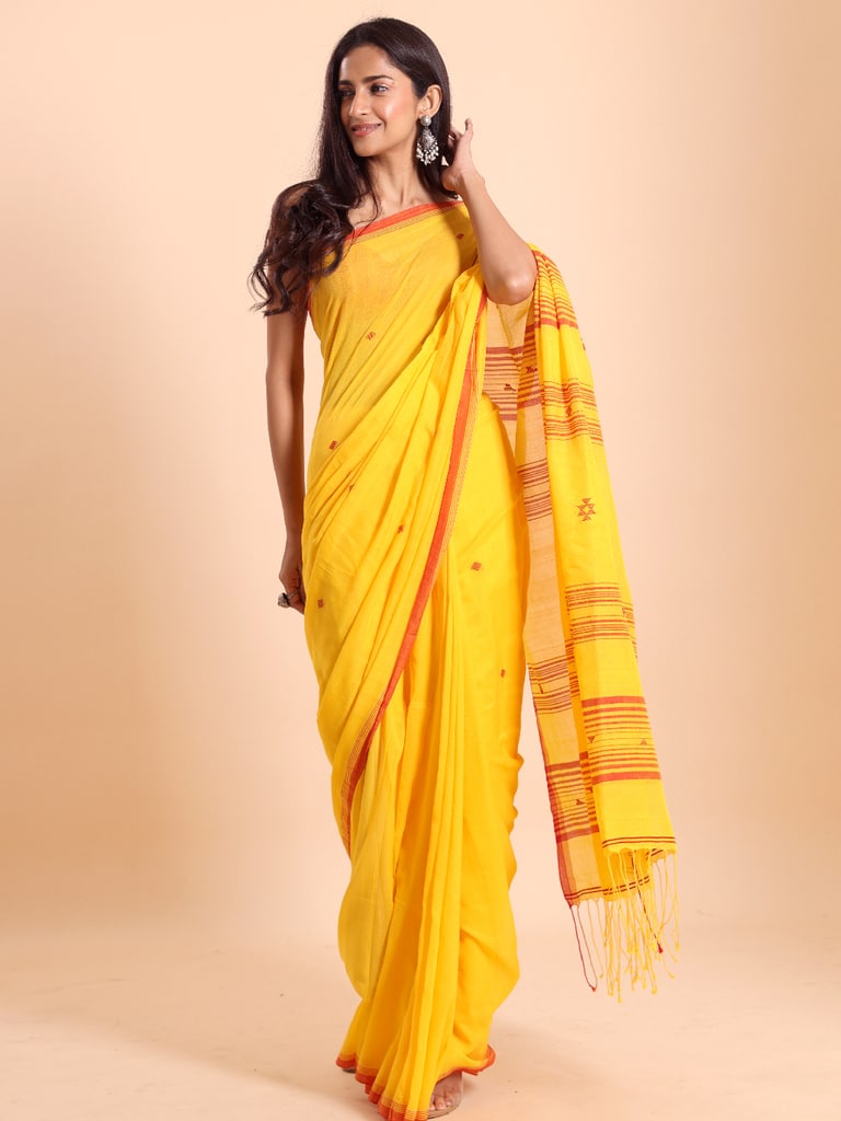 Handloom New Charpati Jamdani Saree - Yellow