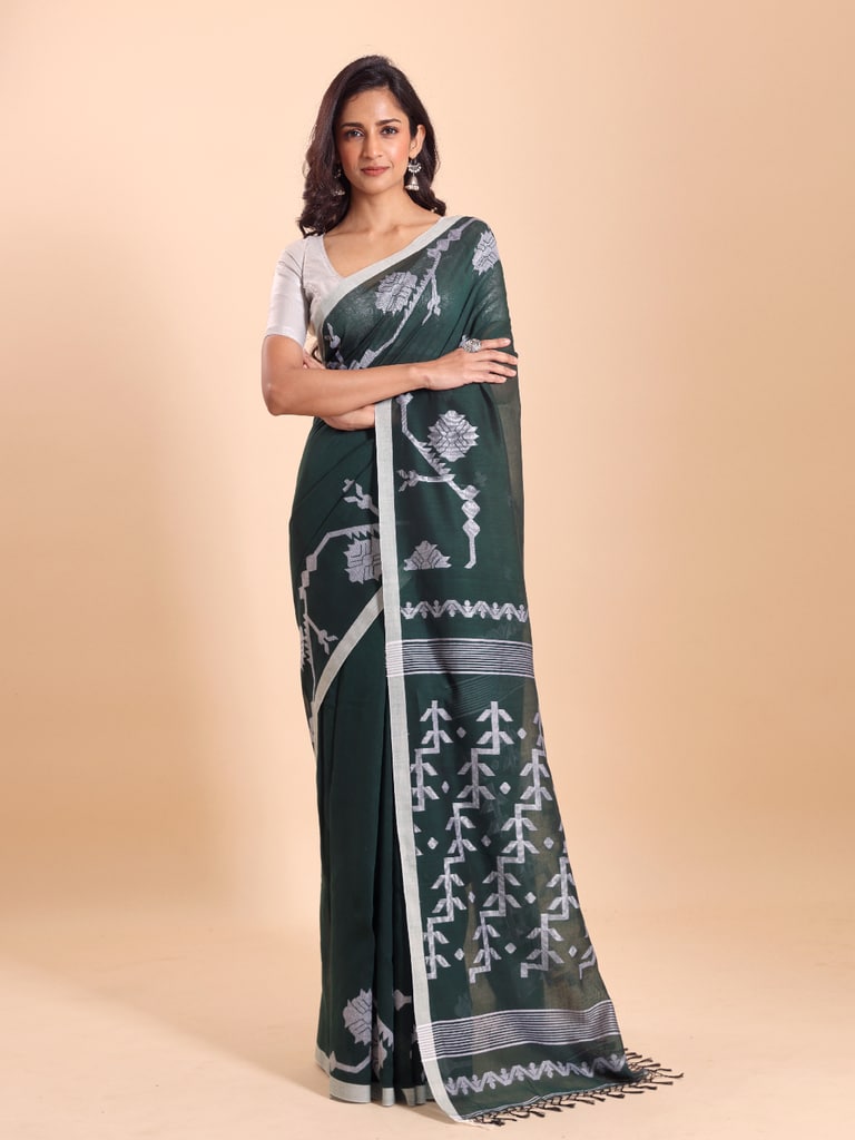 Handloom Cotton Lata Jacquard Jamdani Saree - Bottle Green