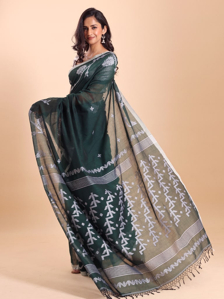 Handloom Cotton Lata Jacquard Jamdani Saree - Bottle Green