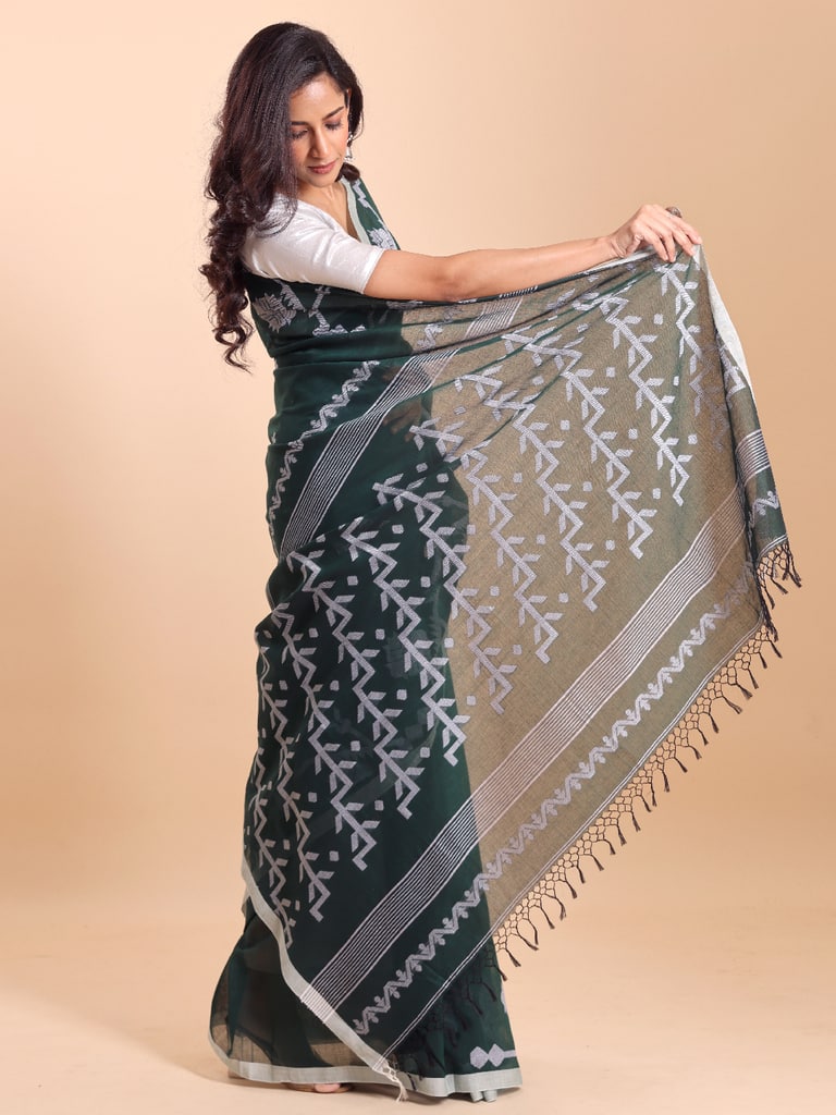 Handloom Cotton Lata Jacquard Jamdani Saree - Bottle Green