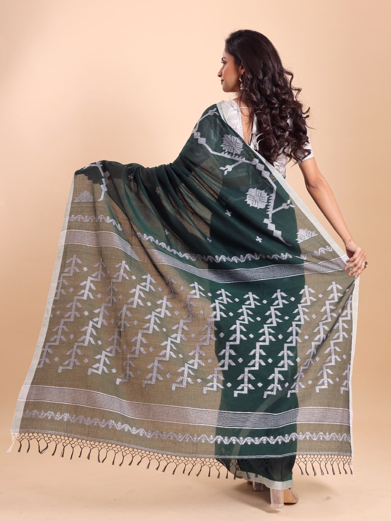 Handloom Cotton Lata Jacquard Jamdani Saree - Bottle Green