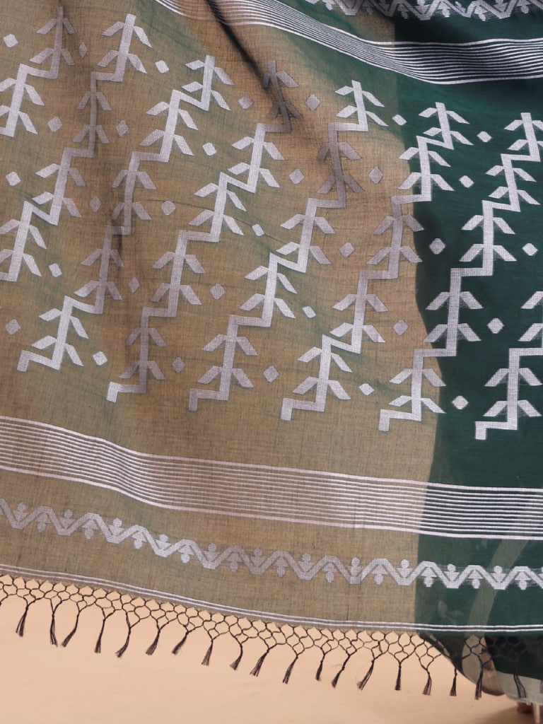 Handloom Cotton Lata Jacquard Jamdani Saree - Bottle Green