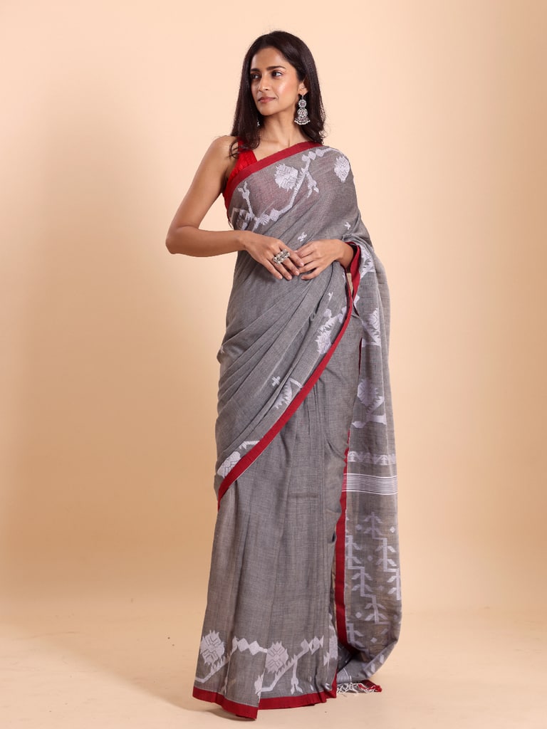 Handloom Cotton Lata Jacquard Jamdani Saree - Grey