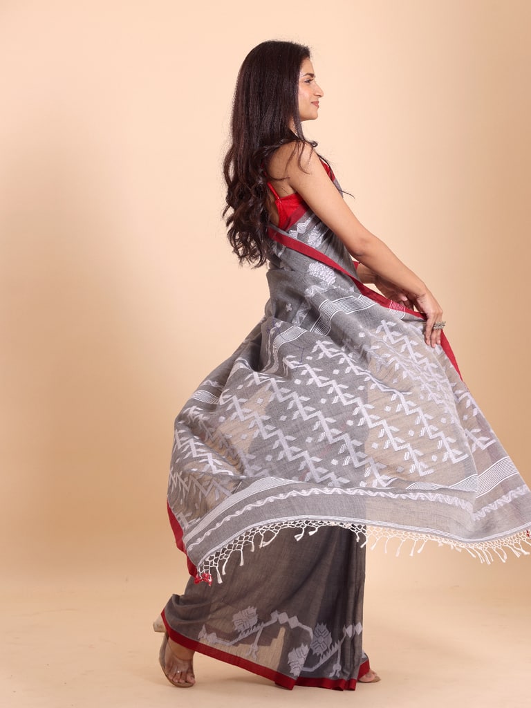 Handloom Cotton Lata Jacquard Jamdani Saree - Grey