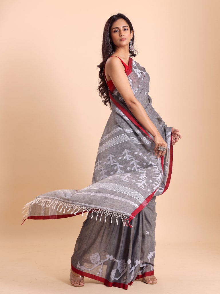 Handloom Cotton Lata Jacquard Jamdani Saree - Grey