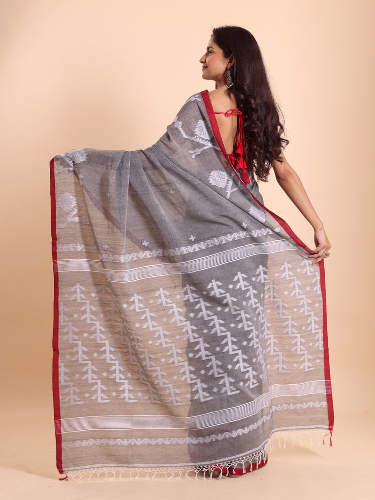 Handloom Cotton Lata Jacquard Jamdani Saree - Grey
