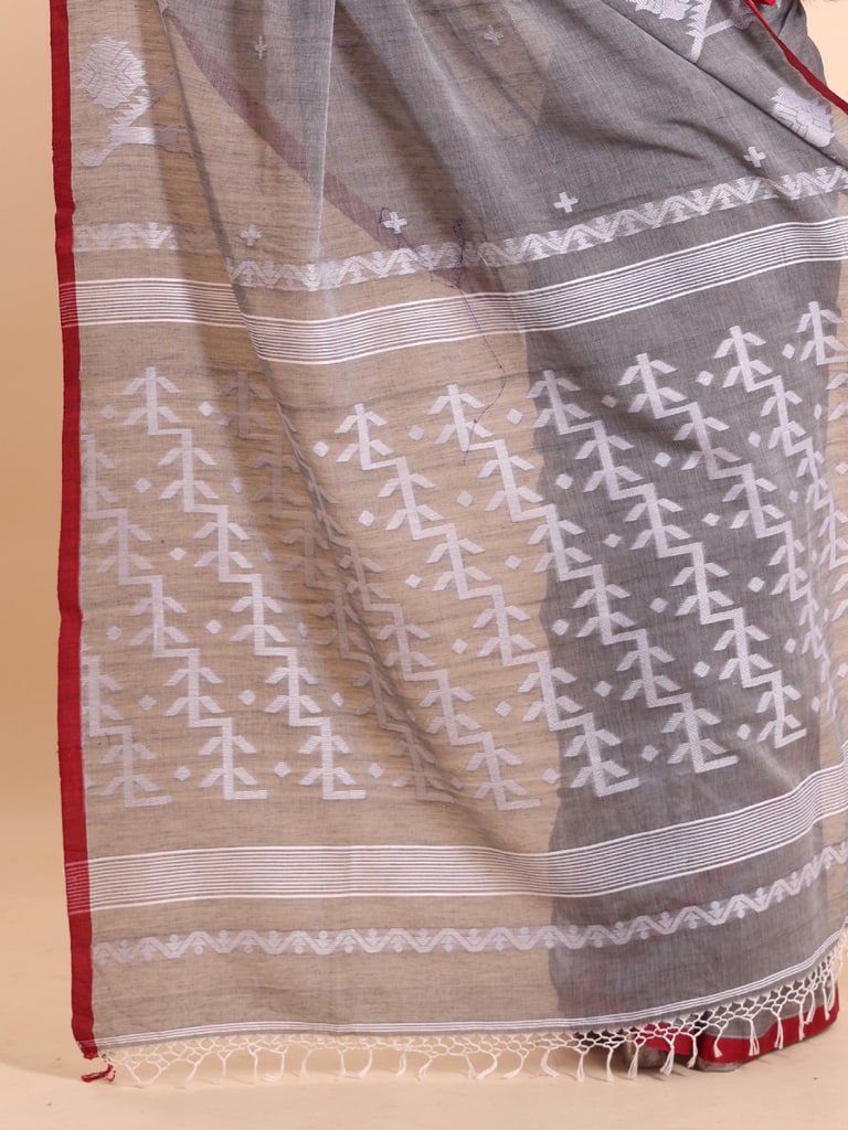 Handloom Cotton Lata Jacquard Jamdani Saree - Grey