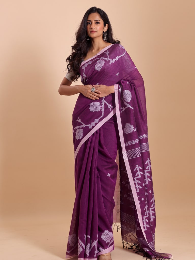 Handloom Cotton Lata Jacquard Jamdani Saree - Purple Orcid