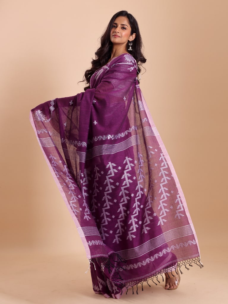 Handloom Cotton Lata Jacquard Jamdani Saree - Purple Orcid