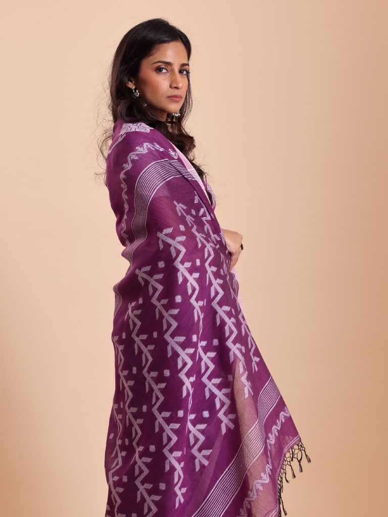Handloom Cotton Lata Jacquard Jamdani Saree - Purple Orcid